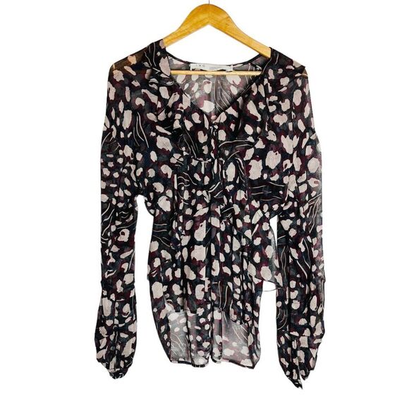 IRO Paris Realize Blouse Abstract Pattern V-Neck Ruffle Sheer 36/US 4 Black Wine - Picture 10 of 10
